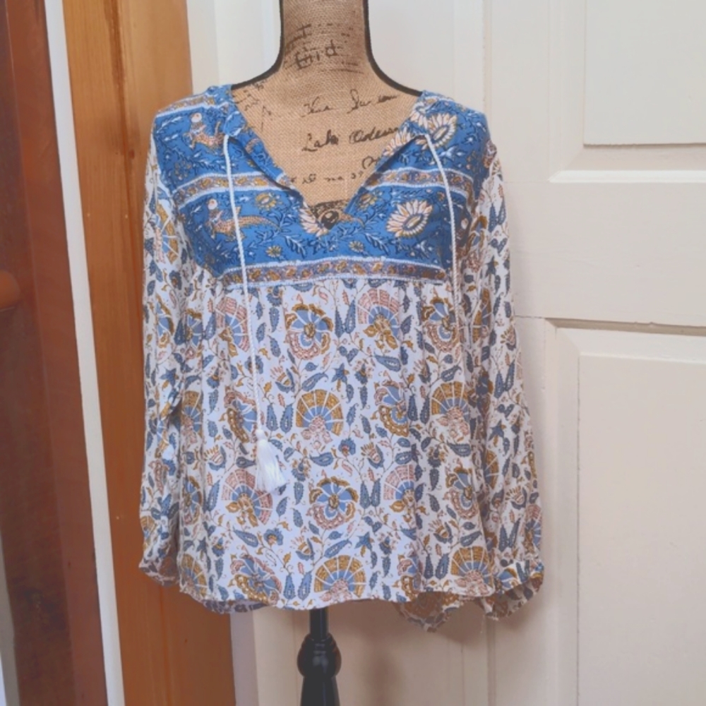 Women's Lucky Brand Peasant Blouse Long Sleeve Top Like New XL Yellow & Blue